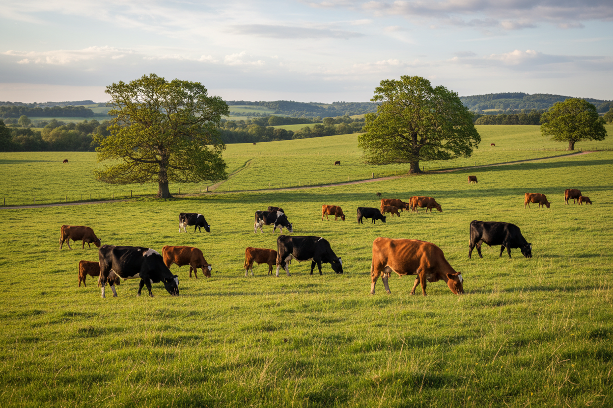 many cows roaming around in a ground